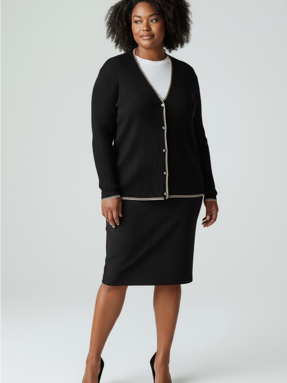 Tabi Vintage Black Ribbed Cardigan w Taupe Trim, 100% Cotton. Mid weight.